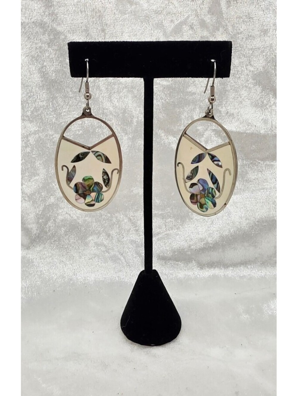 Vintage Alpaca Mexico Abalone Flower Earrings Cream Oval Inlay Dangles